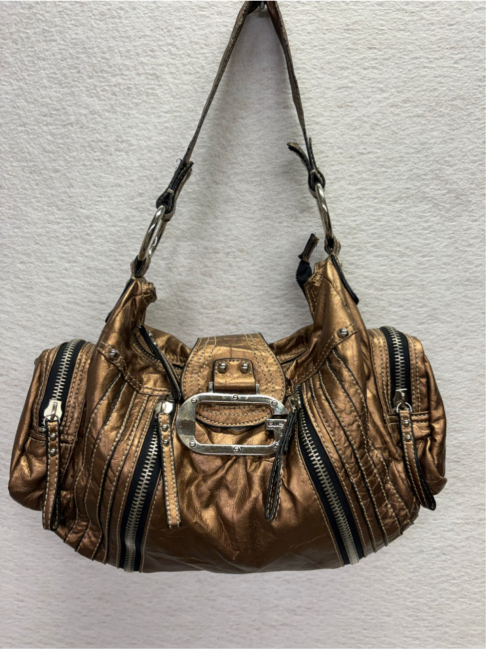 Vintage Y2K GUESS Metallic Bronze Hobo Bag G Buckle Zip McBling Purse